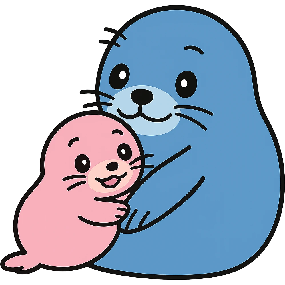 Transform the seal pup and mother in the image to resemble Yo-chan and Tusk-chan from Tokkari Centre, maintaining the loving pose and preserving the transparent background. emoji