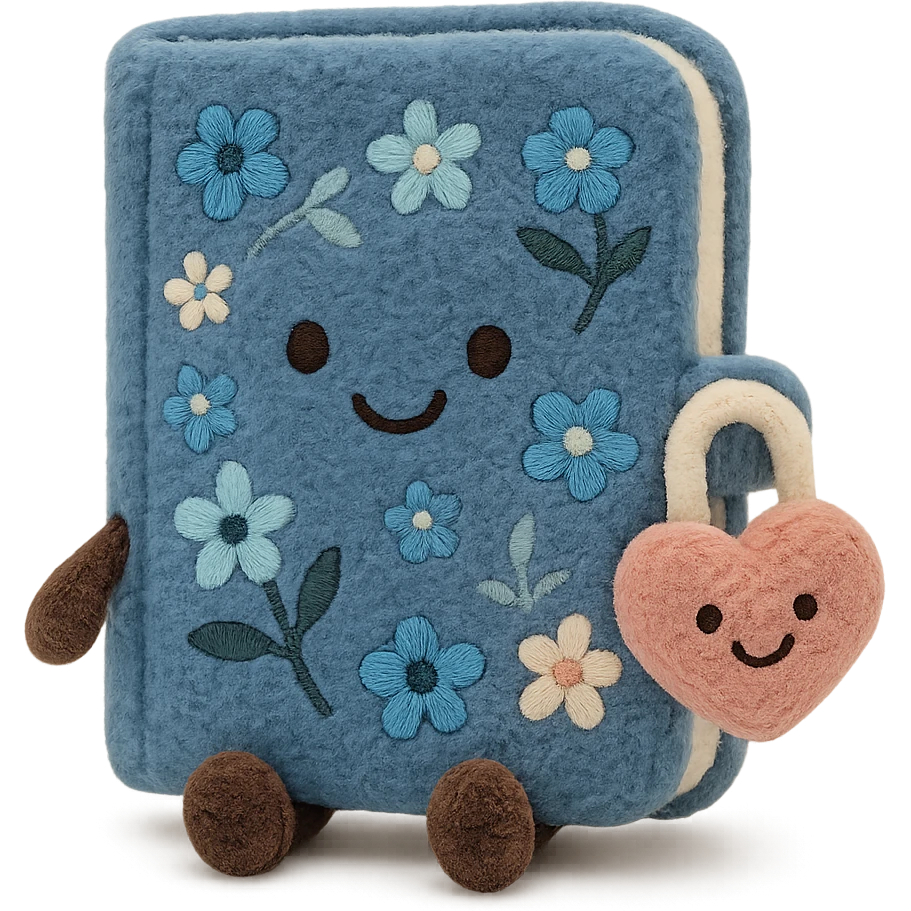 Blue Floral journal with a heart-shaped lock as a kawaii plushie, jellycat style  emoji