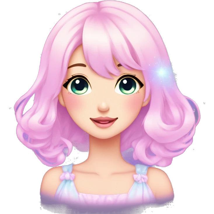 Gorgeous pastel anime style lady blushing nebula gradient sparkle face dreamy idol model colorful shiny stars galaxy kawaii cottagecore pearly petite simplistic aesthetic trending style emoji