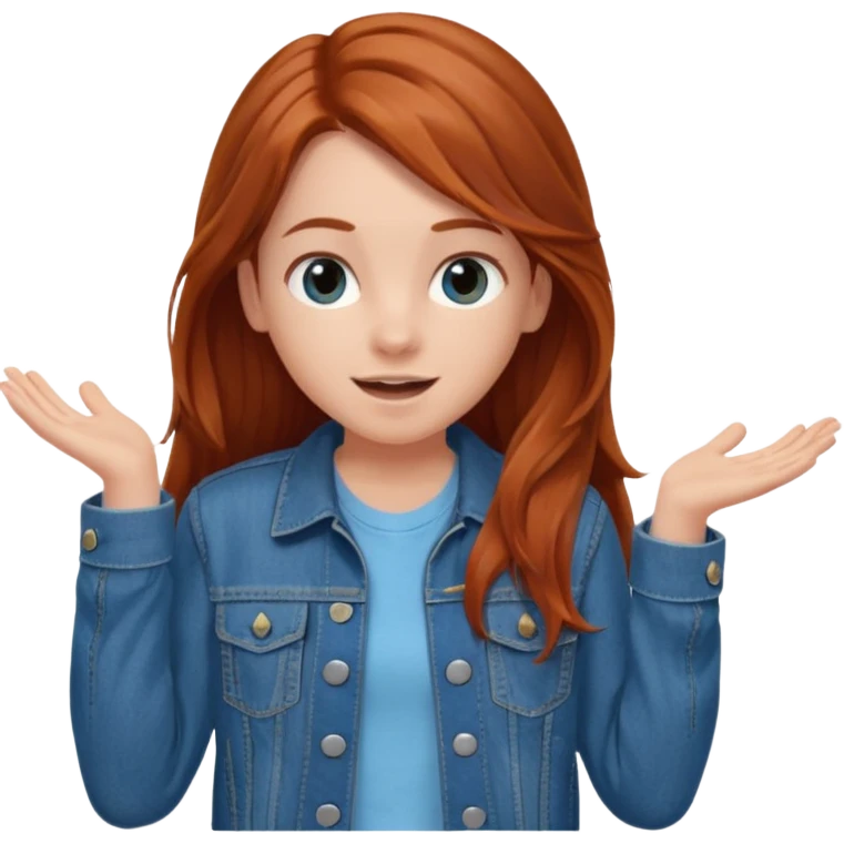 shrugging happy emoji tween long auburn hair light blue shirt with a darker blue L emoji
