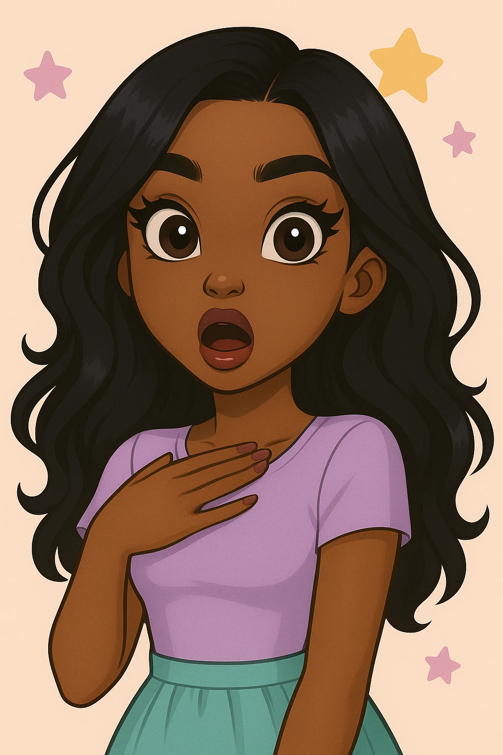 Remove any tears or crying, keep her shocked expression. Depict a 20-year-old anime Bratz style woman with dark skin, dark hair, cute pastel Y2K look, big expressive eyes, and glossy lips. emoji
