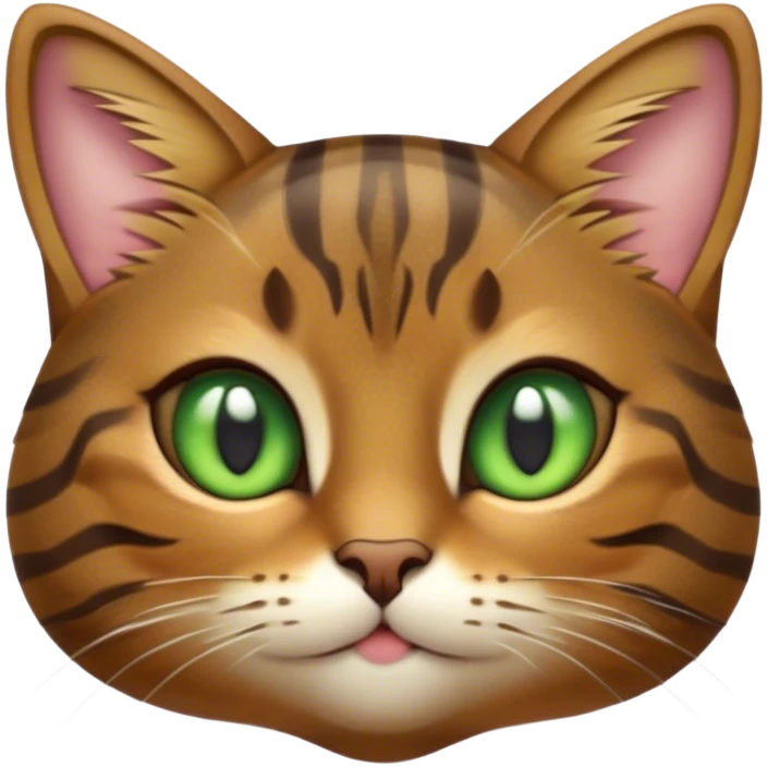 Cinematic Cute Brown Tabby Cat Portrait Emoji, Head tilted playfully and inquisitively, soft brown fur with rich dark tabby stripes and a distinctive M-shaped marking on the forehead, wide, sparkling golden-green eyes filled with curiosity, Simplified yet irresistibly adorable features, highly detailed, glowing with a warm, friendly glow, high shine, affectionate and lively, stylized with a touch of whimsy, bright and endearing, soft glowing outline, capturing the essence of a mischievous yet loving kitten, so playful it feels like it could pounce out of the screen and into your arms! emoji