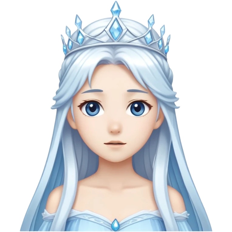Beautiful anime ice queen with white long pretty hair with light-blue streaks, wearing an icy thin long dress and a silver tiara emoji