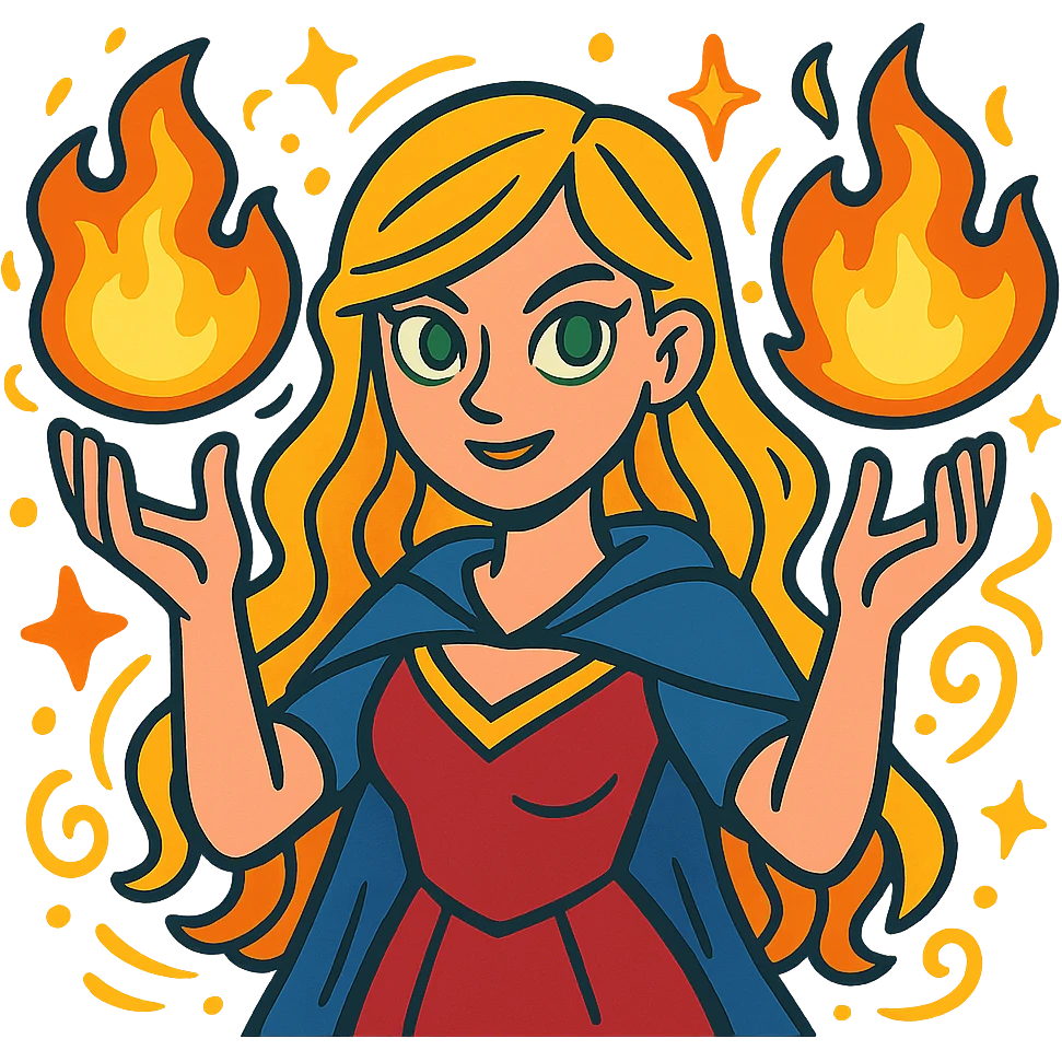 blonde woman with green eyes holding fireballs in her hands, surrounded by magical effects, vibrant toon style emoji
