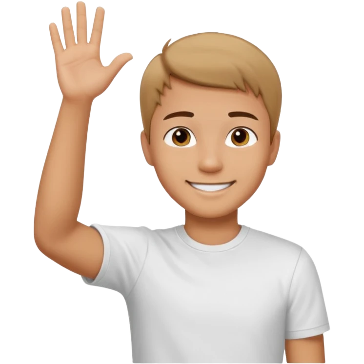 joven trigueño corte de pelo corto polera blanca sonrisa bonita saludando mano arriba emoji