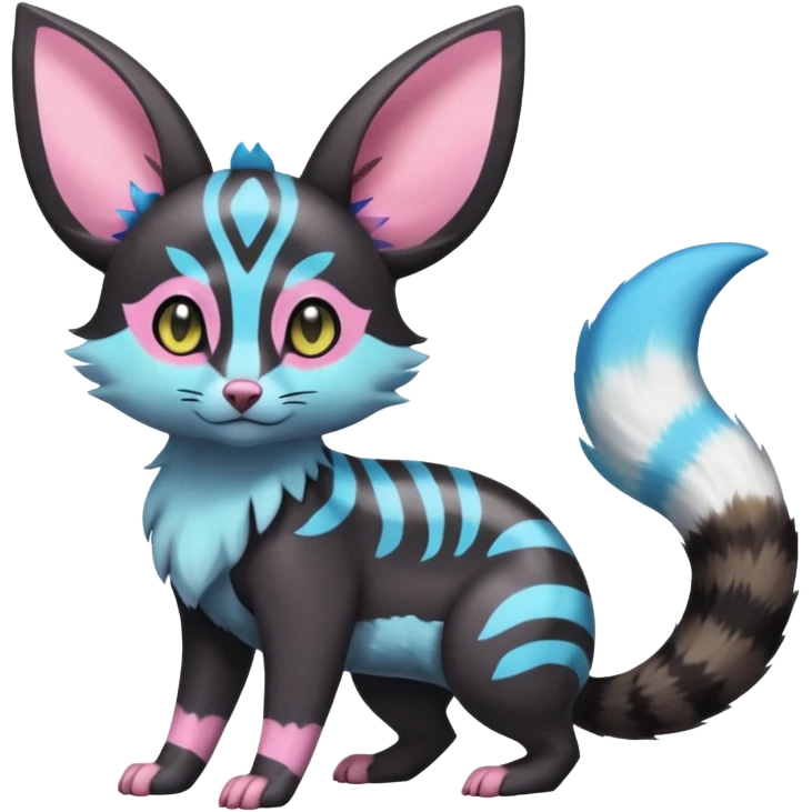 Rare realistic cool cute epic aesthetic colorful Amaura-Sylveon-Umbreon-Civet-Genet-species-Fakemon-hybrid-creature, with markings, full body emoji
