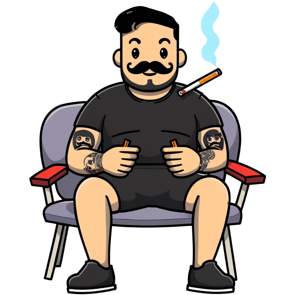 Heavy-set man leaning back in chair with legs spread, smoking cigarette, exposed belly, round face, short black hair, beard with mustache, black t-shirt with light stripes on top portion, sleeves rolled up, black shorts, arms decorated with distinct black graphic tattoo patterns emoji