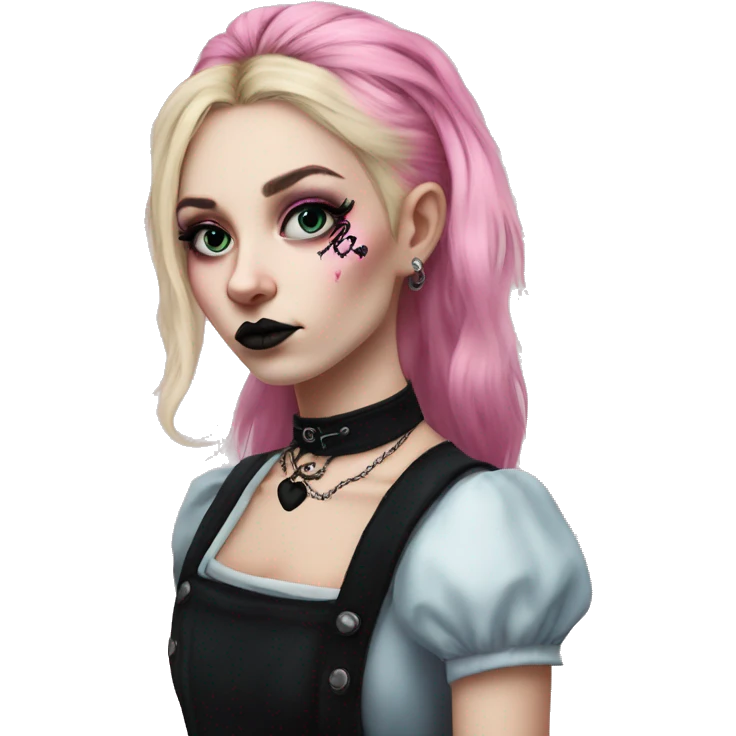 Realism punk goth Alice in Wonderland with neck tattoos, long blonde and pink hair, and dark eye makeup emoji