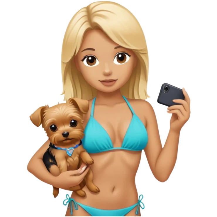 Blonde wearing a bikini holding a yorkie puppy emoji