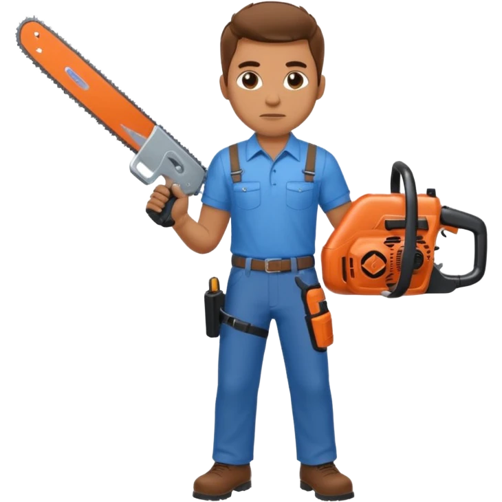 A man with a blue shirt and brown pants holds a chainsaw and a shotgun  emoji