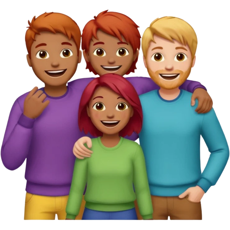 4 inclusive friends (3 girls and 1 man) laughing : 1 man must be brown, 1 girl have to have red hair, an other one must have blond hair and the last one is brown and have brown hair emoji