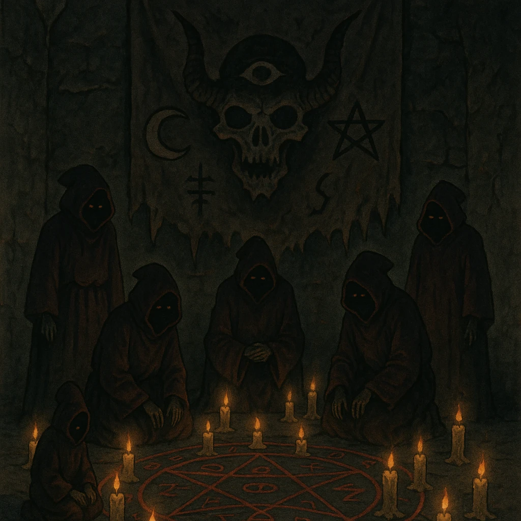 creepy banner, ritual circle with hooded cultists, candles, ominous symbols, occult horror style emoji