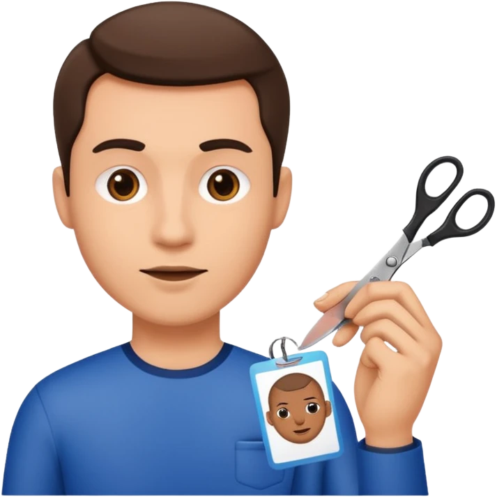 Scissors cutting man ID card in 2 parts.hyper realistic emoji