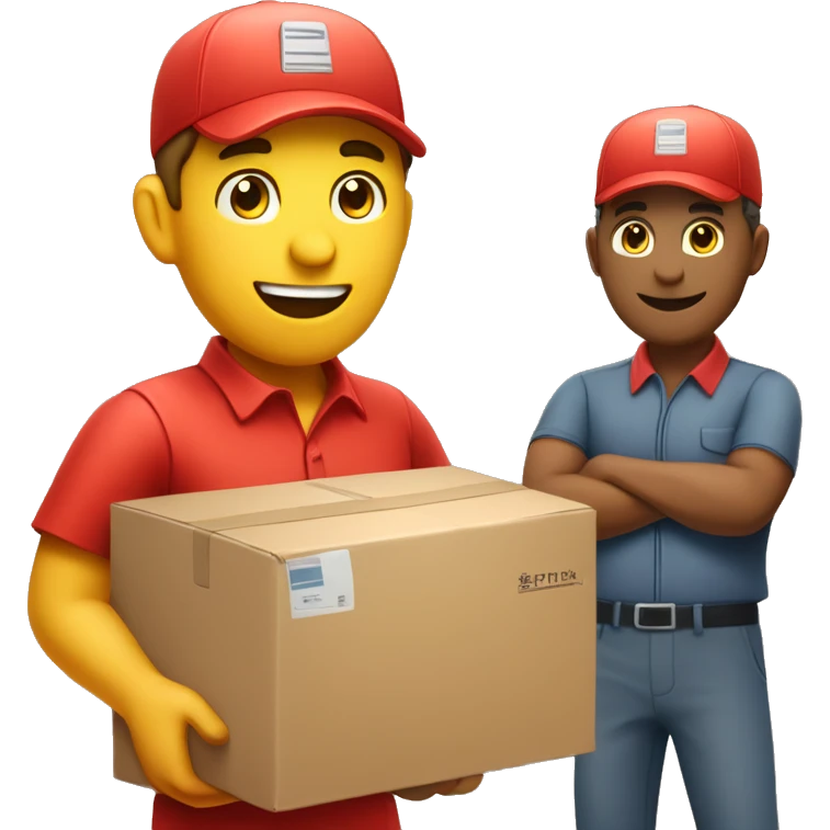 create an emoji showing a postman in wearing redshirt, red cap with posten written and delivering a parcel emoji