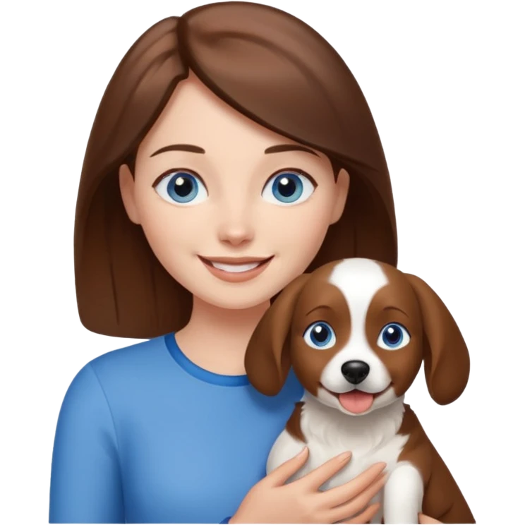 Blue eyes brown haired woman holding a brown and white dog emoji