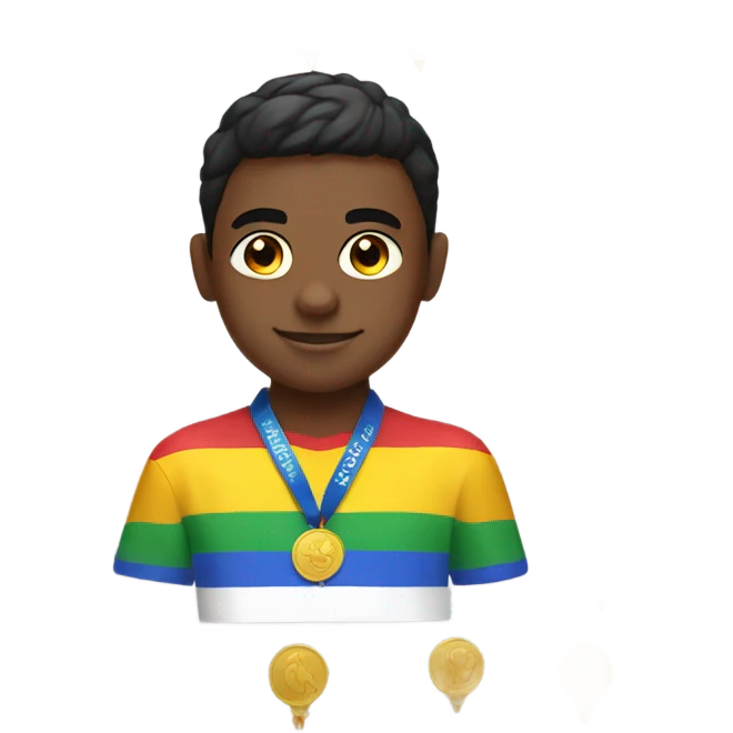 Boy with a lot of gold medals on his neck near the sailboat emoji