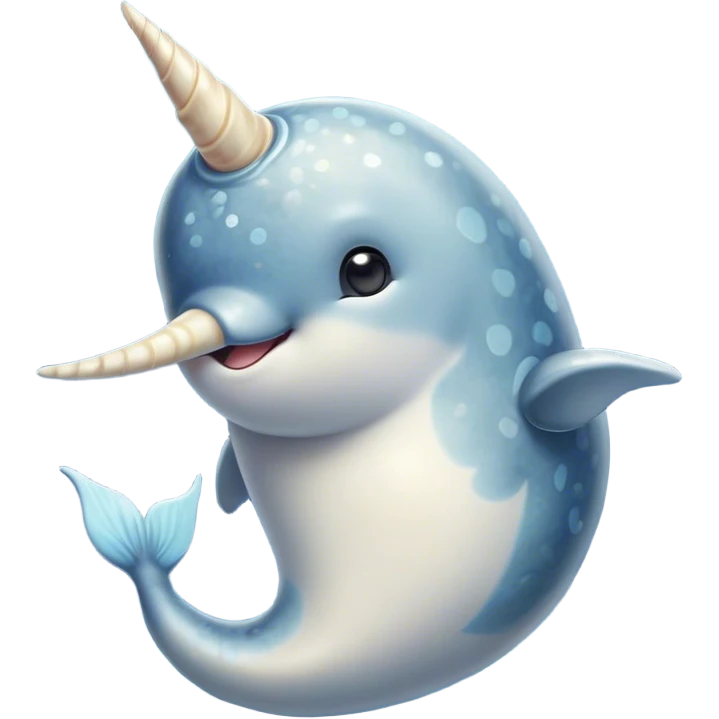 Cinematic Cute Narwhal Portrait Emoji, Head tilted playfully and inquisitively, showcasing a sleek, streamlined body with subtly iridescent, mottled gray skin and a prominently spiraled ivory tusk, complemented by round, sparkling eyes full of gentle wonder, Simplified yet irresistibly adorable features, highly detailed, glowing with a warm, friendly arctic glow, high shine, affectionate and lively, stylized with a touch of whimsical marine charm, soft glowing outline, capturing the essence of a mischievous yet loving narwhal that seems as if it could frolic out of the screen into your heart! emoji