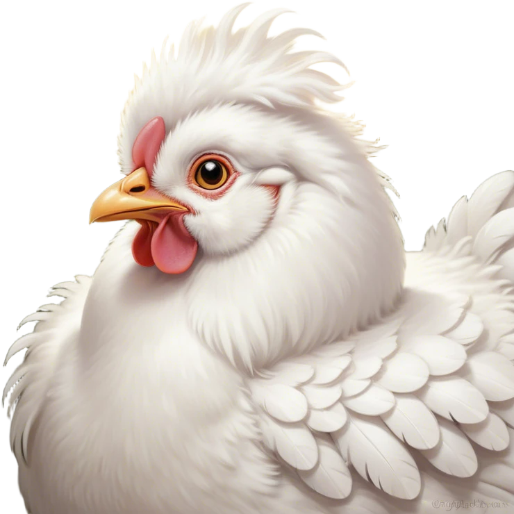 Cinematic Adorable Fluffy White Chicken Portrait Emoji, Standing proudly with soft, ruffled white feathers, round and plump with a gentle expression, bright and curious eyes, slightly puffed chest, detailed texture with a soft glow, high shine, warm and friendly, stylized with a charming simplicity, bright and endearing, soft glowing outline, capturing the essence of a cheerful farmyard companion, so lively it feels like it could cluck and strut at any moment! emoji