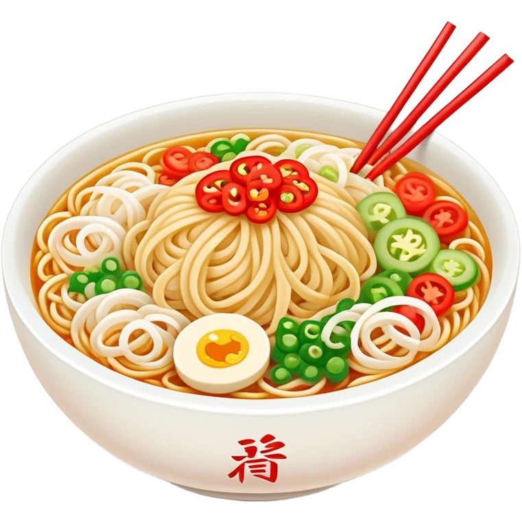 Shaanxi cold skin noodles with colorful toppings, simplified emoji style with bold outlines and bright colors, cartoon style Xi'an famous cold appetizer emoji