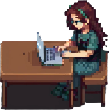 girl working on a MacBook, pixel art style emoji