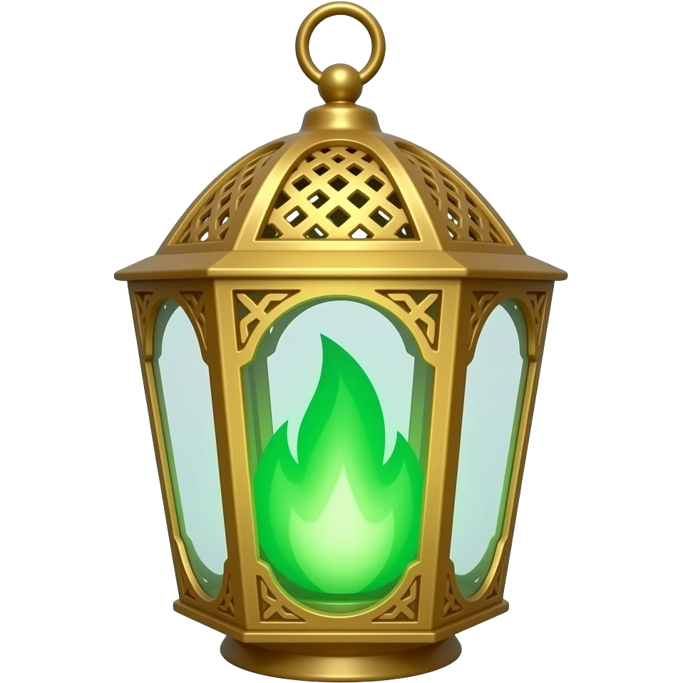A golden hanging lantern with a bright emerald green flames, an empty loop on top, fae filigree worked into the design, but simple focus more on the green flame emoji