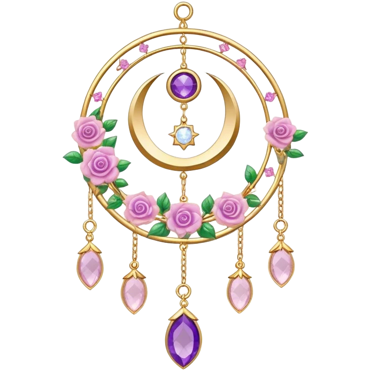 Epic beautiful gorgeous cute gold suncatcher, threads with shiny sparkly amethyst and rose-quartz gemstones, flowers, moons, stars, leaves, detailed emoji