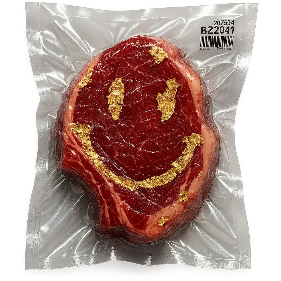 steak with gold leaf accents, glossy and inflated emoji