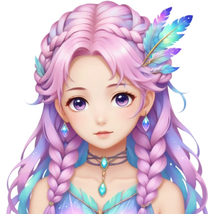 Beautiful gorgeous anime lady with beautiful iridescent-nebula-braided-hair, fashion aesthetic, ethereal, fairycore, pastelcore, feathers emoji