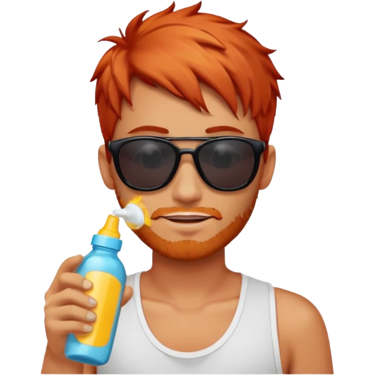 male red haired with suncream bottle and sunglasses, with sun burned emoji
