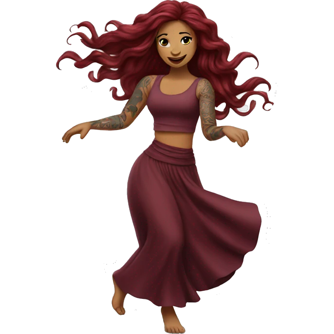 Beautiful tattooed burgundy long haired woman dancing emoji