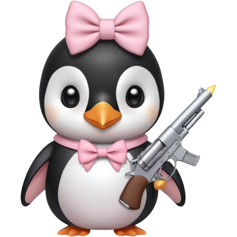cute penguin wearing light pink bow on neck and holding light pink gun  emoji