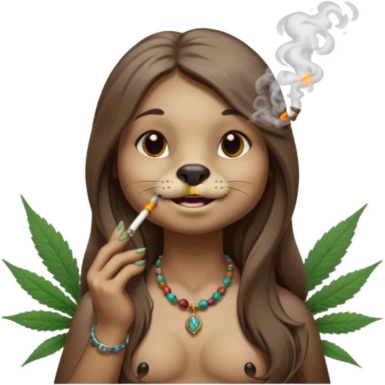 a female otter with long hair smoking a joint surrounded by marijuana fumes. a bit california hippy vibe, with tattoos emoji