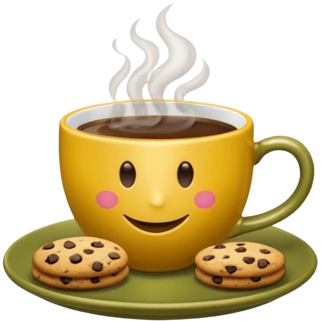 A cup of coffee, steaming, the smoke is heart-shaped, the cup is mustard yellow, the cup has a happy face printed on it, the cup sits on an olive green saucer, and there are cookies around the cup. emoji