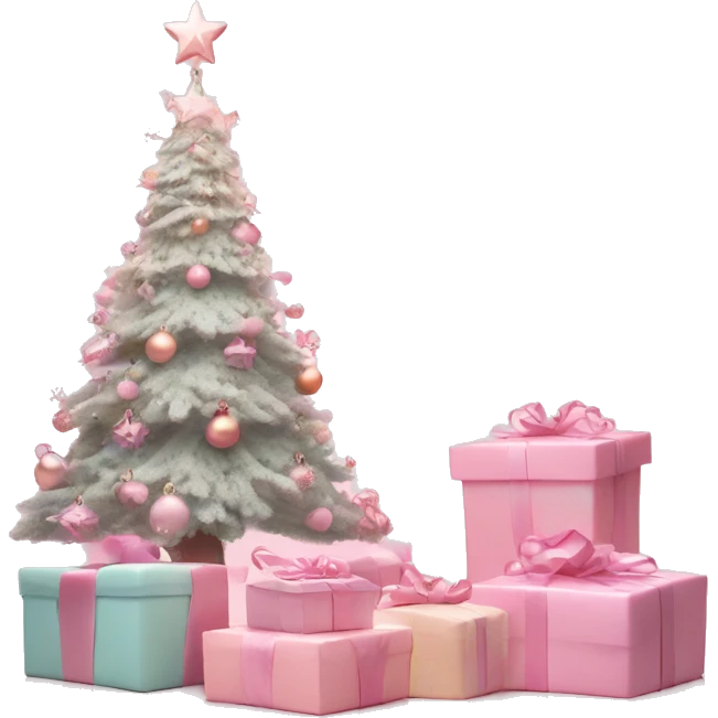 pastel pink christmas tree and some gift boxes under the emoji