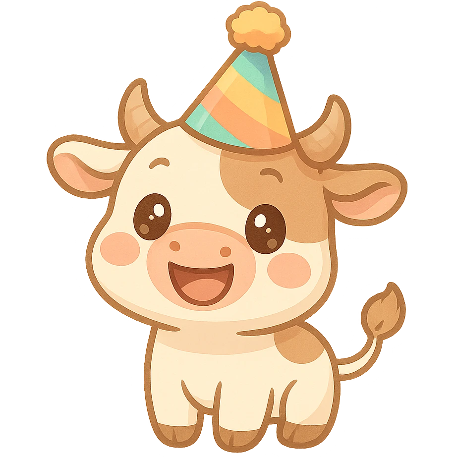 a happy cow in a party hat with a festive vibe emoji