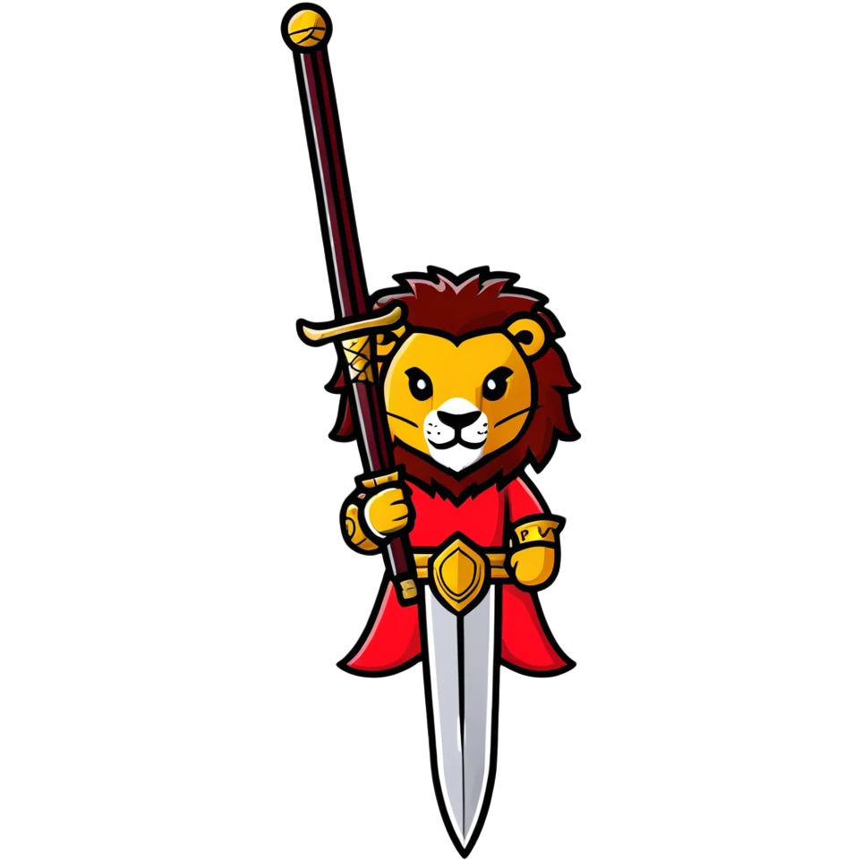 gold colored long sword with deep red handle and a gold lion on the end of the handle emoji