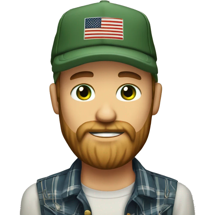 Short hair but Long Bearded man with trucker cap and flannel shirt and green eyes, who is in to American country music emoji