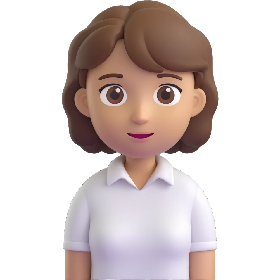 3D emoji style character with short tousled brown hair, neutral expression, light skin, white shirt emoji