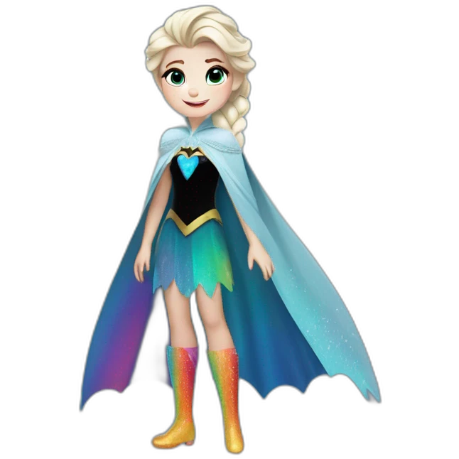 Elsa from Disney wearing a Halloween Batman costume and rainbow shoes emoji
