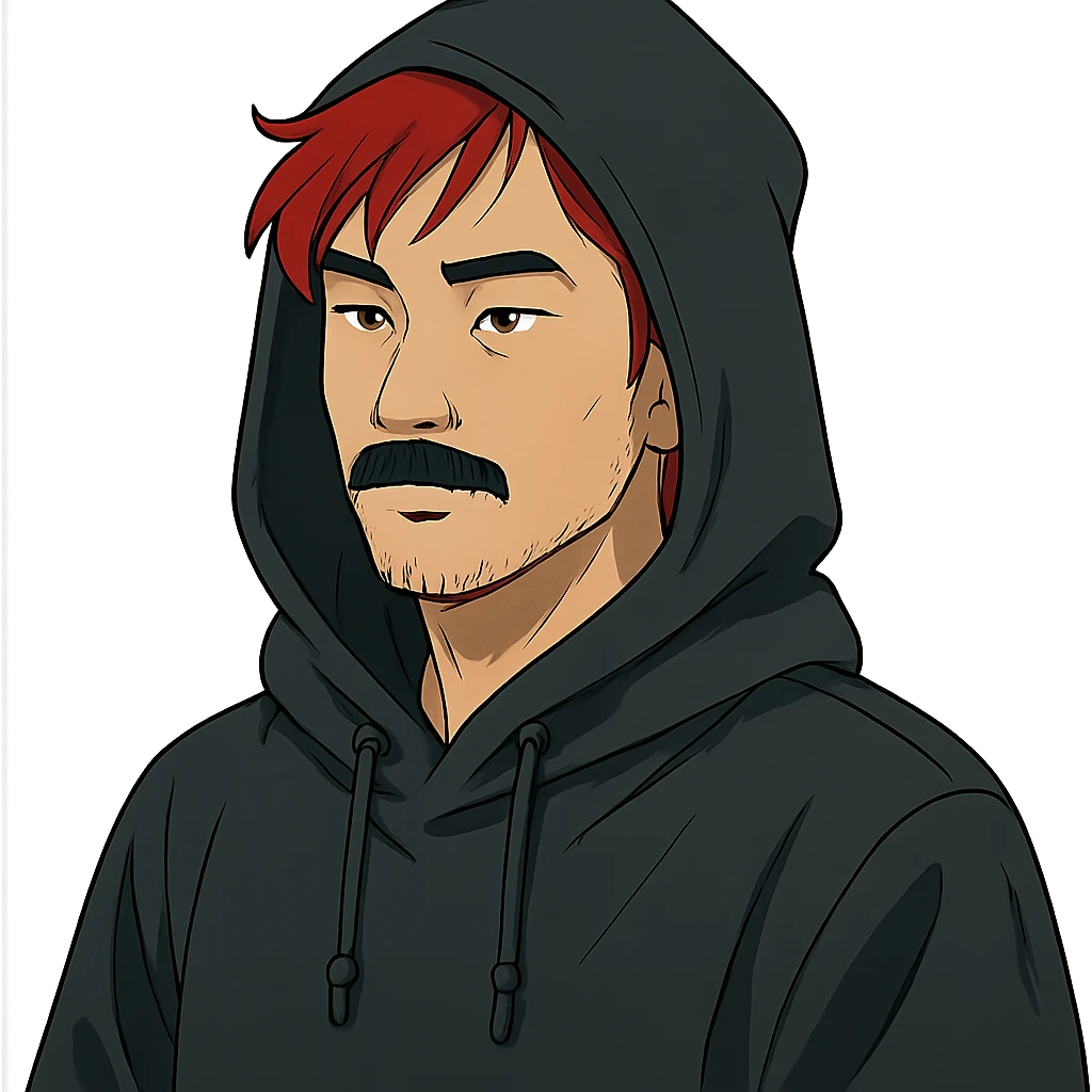 Asian man with black mustache, red hair, wearing a black hoodie in Japanese cyberpunk anime style emoji