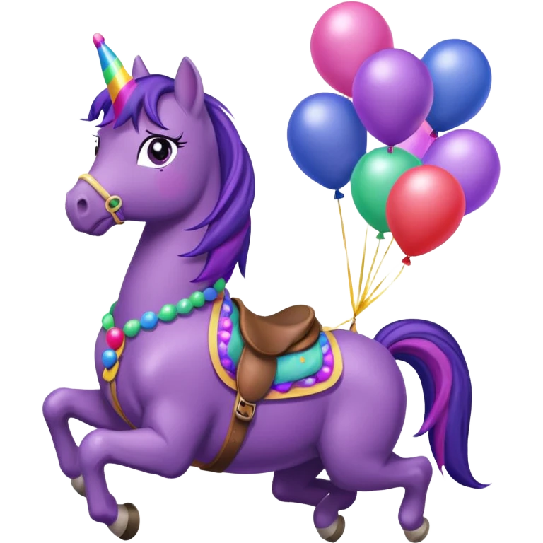 twillight sparkle mlp holding colorful balloons tied to its saddle, looking cheerful. emoji