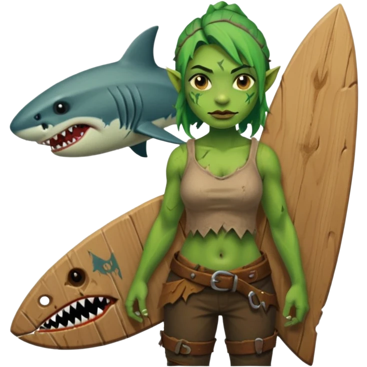 orc female holds a board with a shark painted vertically in his hands emoji