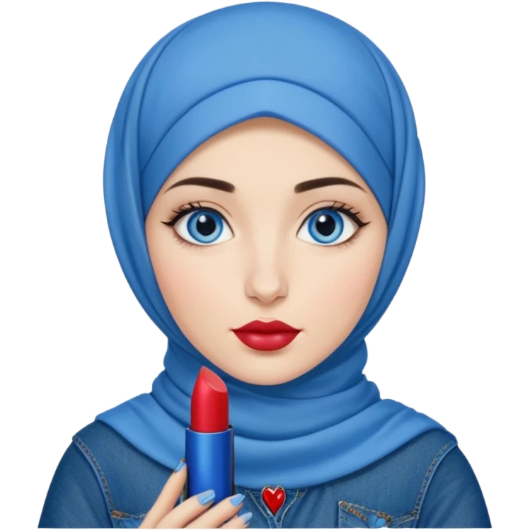 Turkish beautiful finish Konya girl blue eyes with blue denim hijab islamic dress and had on her hand ysl lipstick  emoji