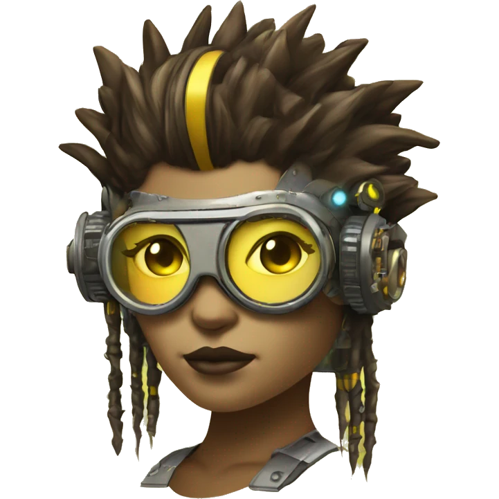 Brown with yellow streaks Mohawk hair female cyborg head, fair skin, steampunk goggles and circuits emoji