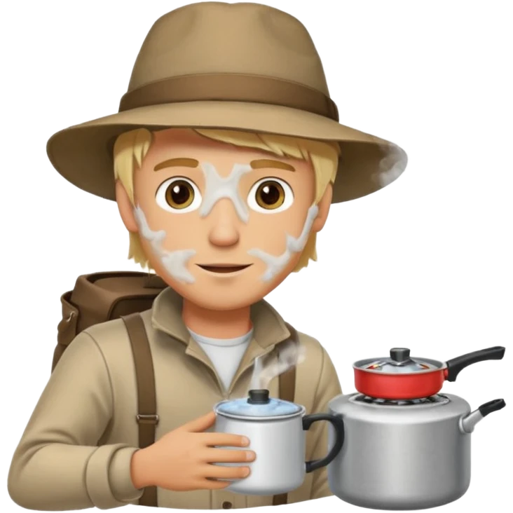 A blonde man camper boiling water on a portable stove, enjoying the outdoor emoji