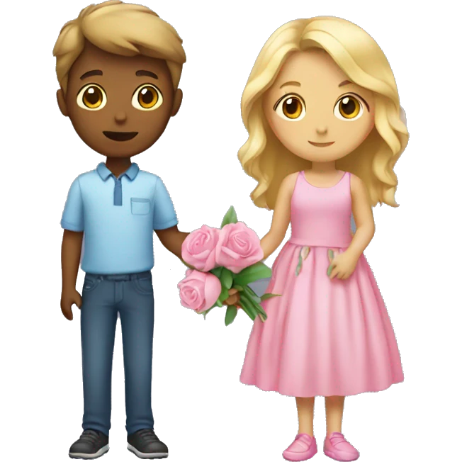 Girl wearing pink dress with a boy Holding flower  emoji