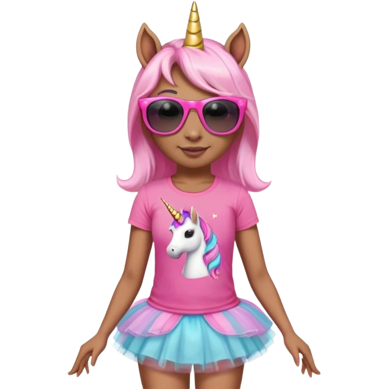 friendly anthropomorphised female unicorn with horse-like face, in tutu and pink t-shirt, wearing dark sunglasses, standard pose, close-crop head and shoulders emoji
