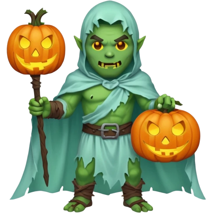 male orc warrior ghost emoji, green skin, wearing torn white ghost sheet costume, holding glowing jack-o'-lantern, faint blue aura, friendly but spooky expression, Halloween fantasy theme, Apple emoji style, clean white background, square emoji