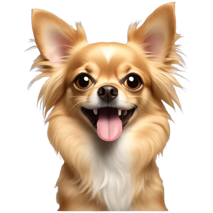Long haired Aussie chihuahua mix dog with tongue out emoji