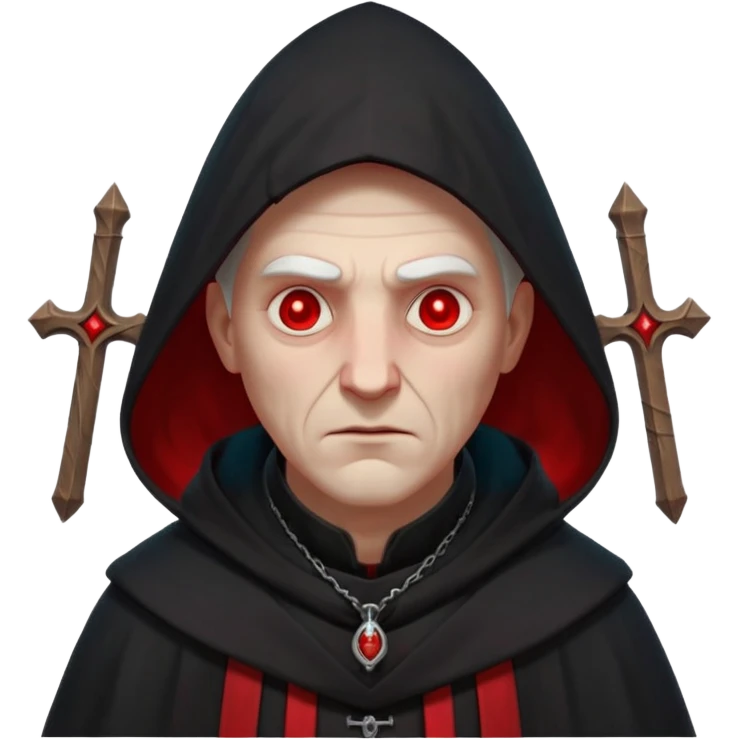 cursed village priest portrait, head and shoulders only, dark hooded robe, mysterious expression, subtle red accents, eerie glow, gothic village atmosphere, 3D cartoon, mobile game icon style, clean background, no text, no watermark

 emoji